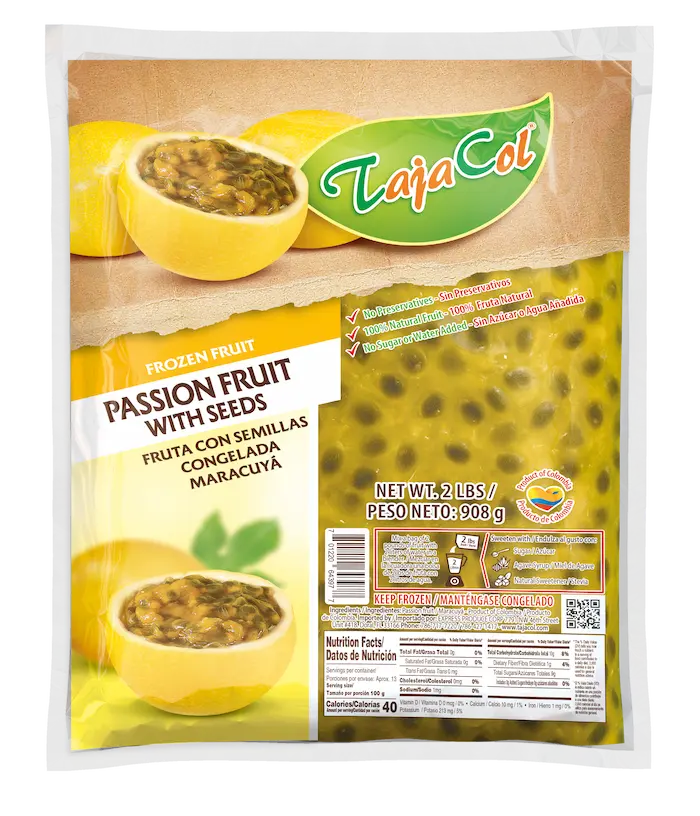 Tajacol passion fruit with seed – ready-to-use tropical fruit pulp for foodservice and retail.