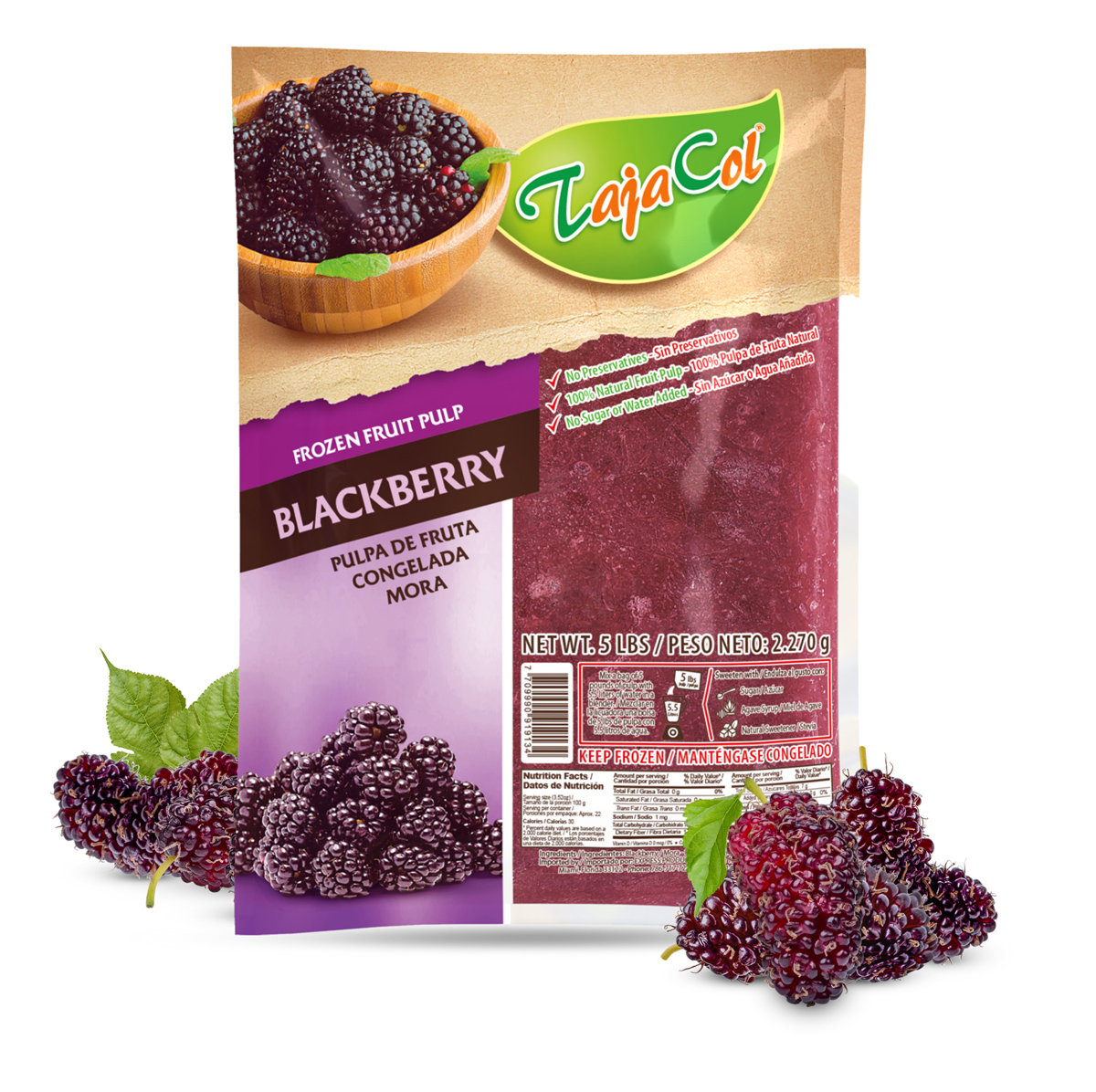 Tajacol frozen blackberry fruit pulp – ready-to-use fruit pulp for foodservice and retail.